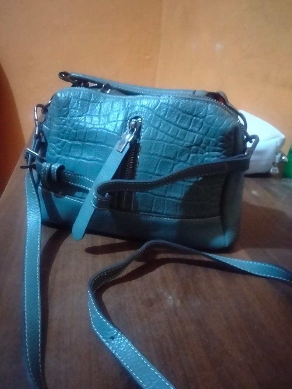 Teal Crocodile Embossed Shoulder Bag